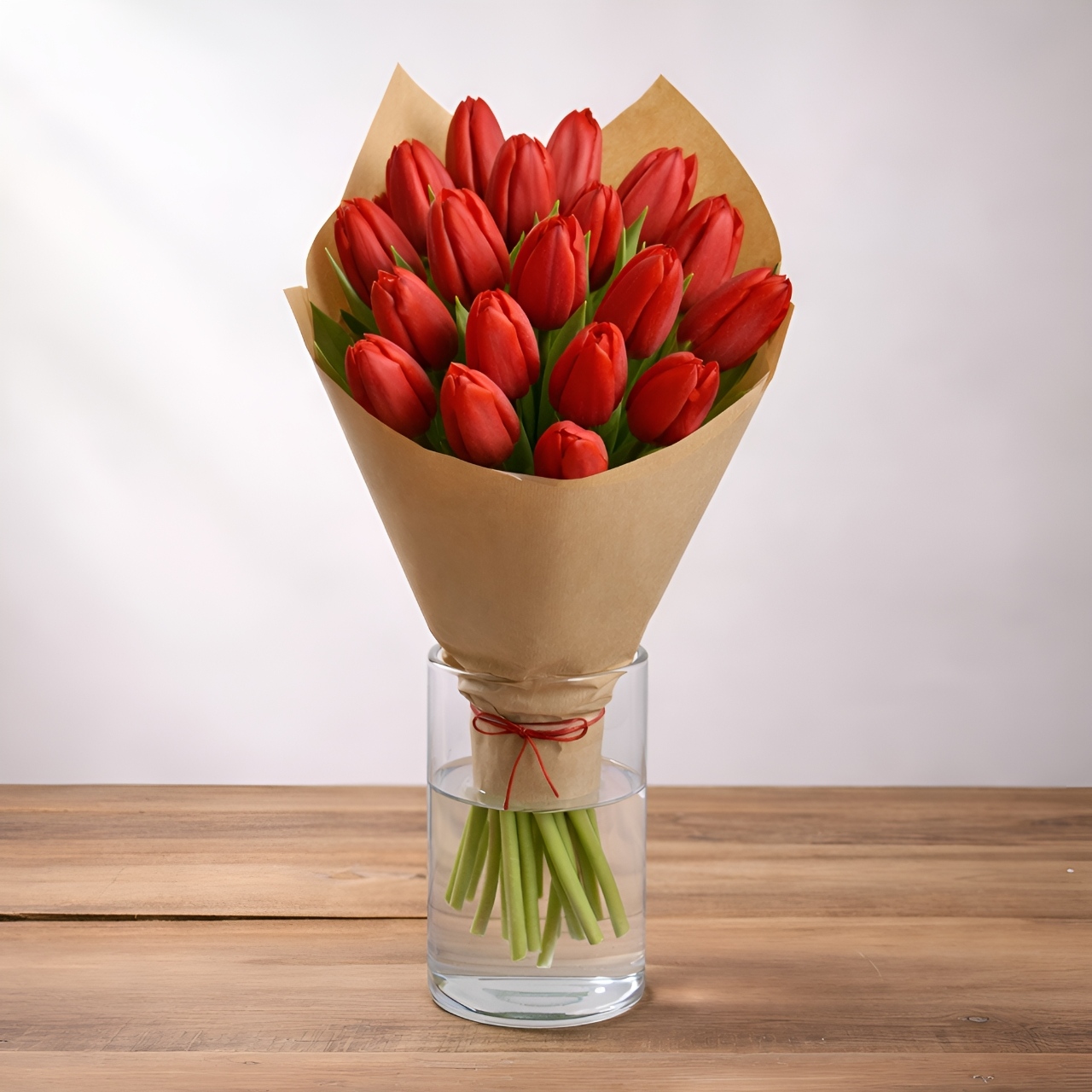 Bukiet czerwonych tulipanów 1 Bukiet czerwonych tulipanów - w kryzie z szarego florystycznego papieru