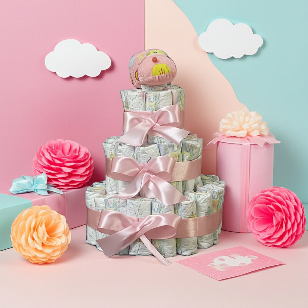 Tort z pampersów – prezent na baby shower lub powitanie maluszka 1 Tort z pampersów z różowymi dodatkami