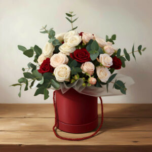 Flower box "Subtelna Harmonia" - kompozycja z różowych i czerwonych róż w bordowym pudełku.
