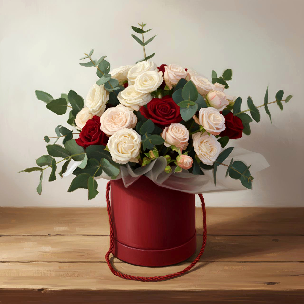 Flower box „Subtelna Harmonia” 1 Flower box "Subtelna Harmonia" - kompozycja z różowych i czerwonych róż w bordowym pudełku.