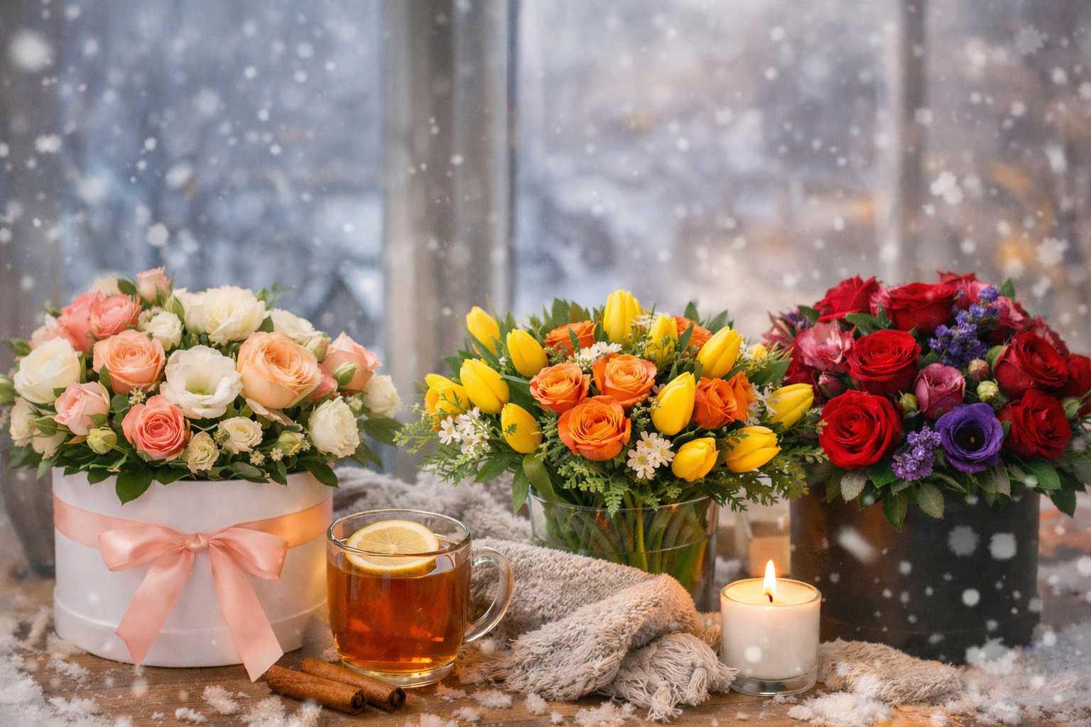 Zimowe bukiety kwiatów poprawiające nastrój – flower boxy i kolorowe kompozycje