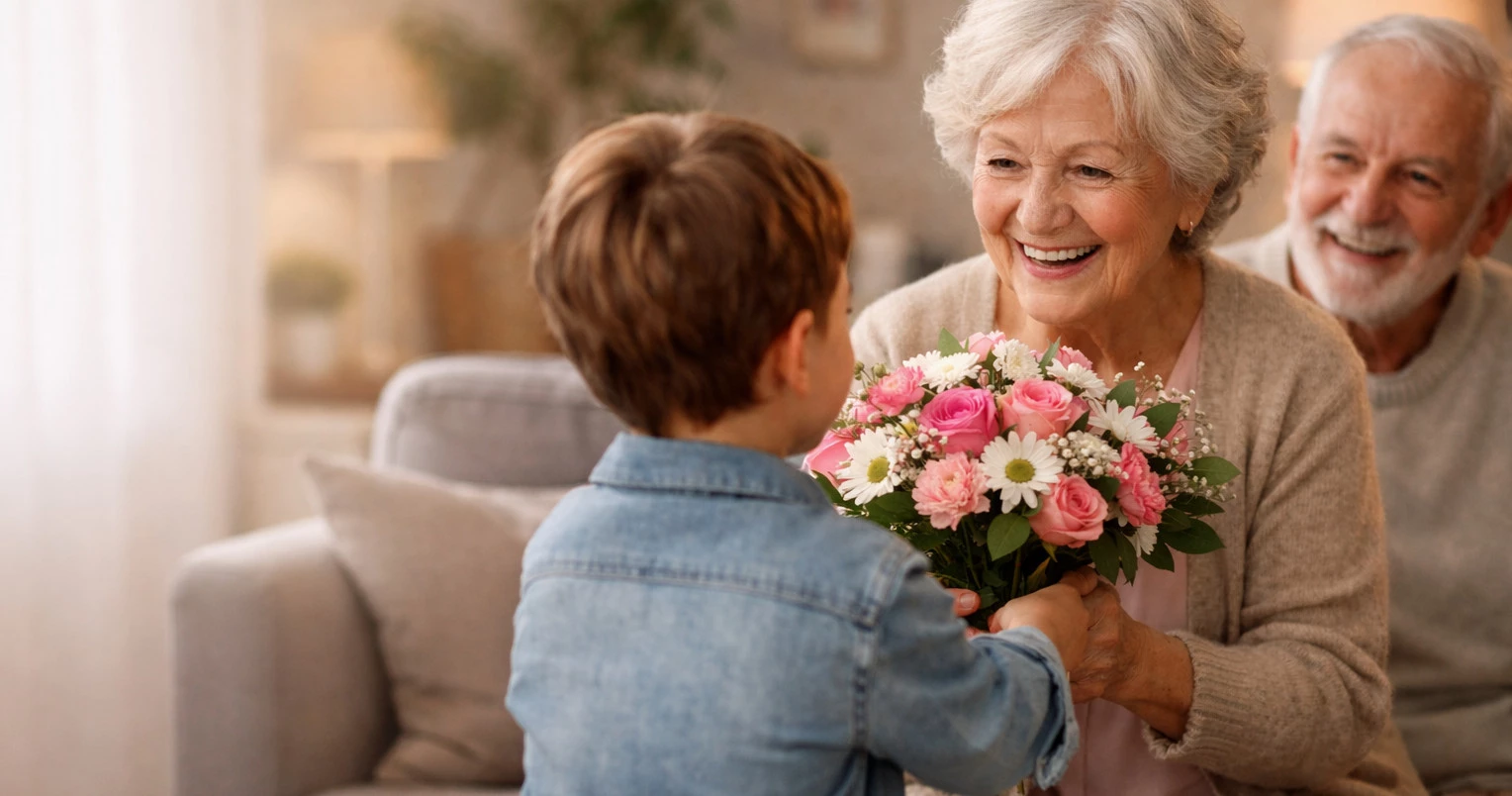 chłopiec wręcza kwiaty babci i dziadkowi