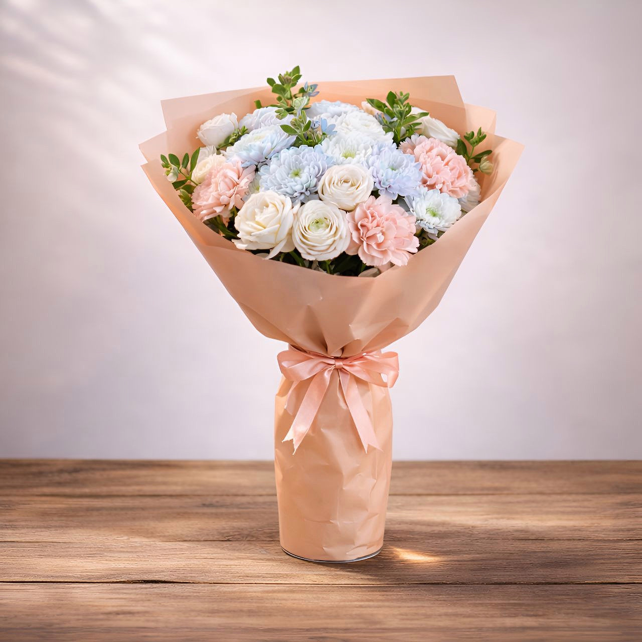 Bukiet Pełen Świeżości – "Pastelowy Poranek" 1 Bukiet "Pastelowy poranek" - kompozycja z koreanek i goździków z dodatkami florystycznymi.