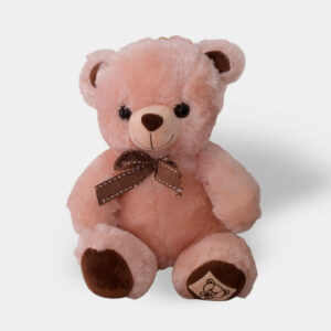 Mały pluszowy miś 30 cm w jasnym kolorze i brązowymi dodatkami z kokardką pod szyją