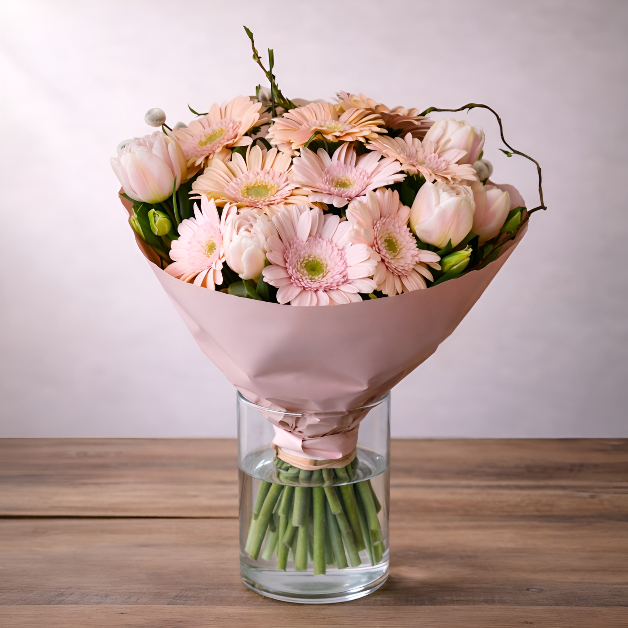 Bukiet gerber i tulipanów „Cisza poranka” 1 Pastelowy bukiet z gerber i tulipanów w różowej pudrowej kryzie